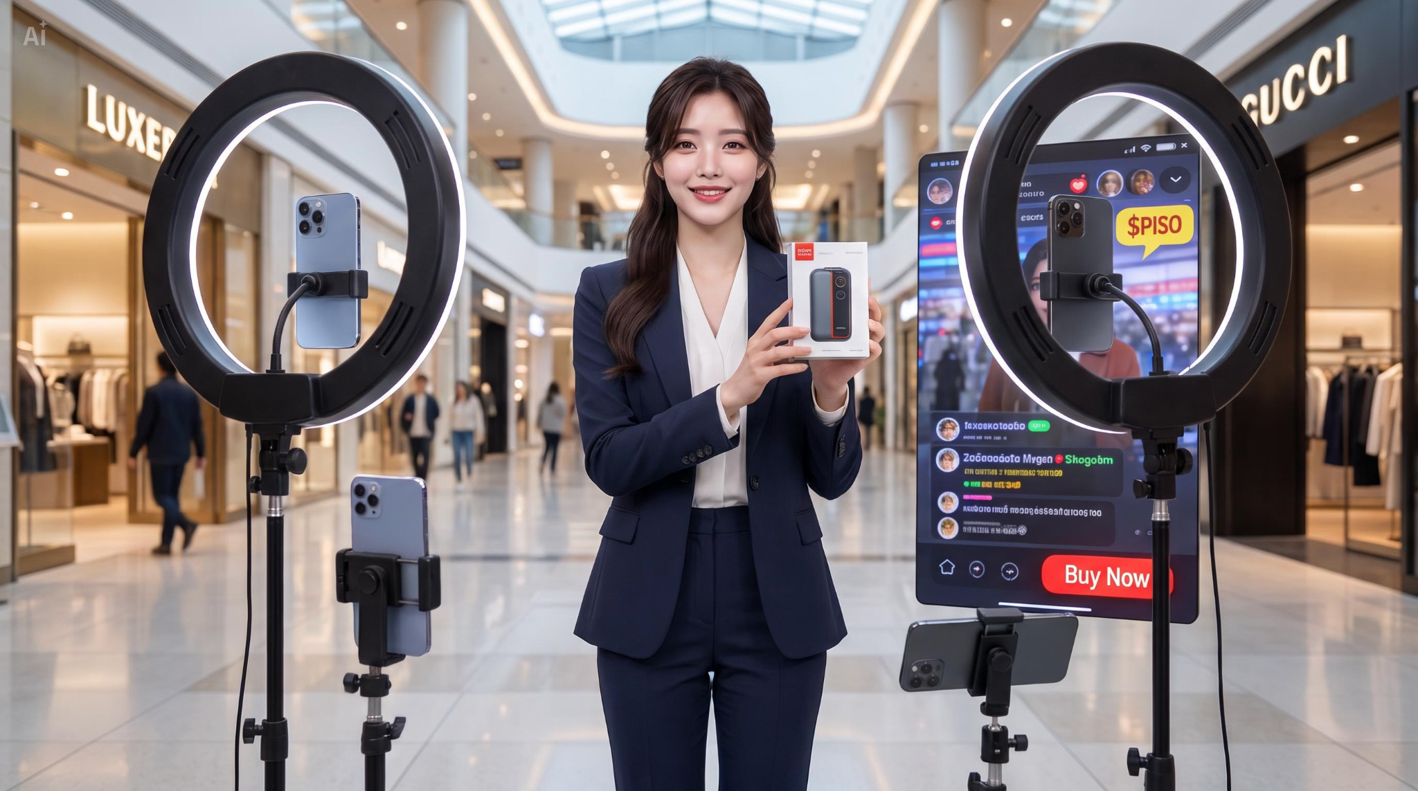 쇼호스트가 카메라 앞에서 제품을 소개하는 AI 라이브커머스 장면